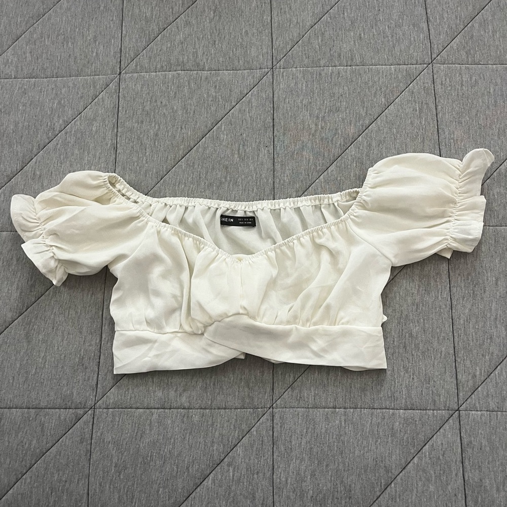 SHEIN Cream Off-Shoulder Puff Sleeve Crop Top